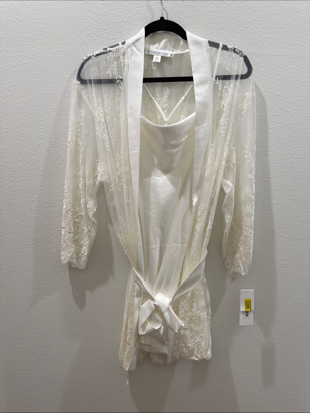 Sheer Lace Satin-Trim Robe & Chemise Set - Ivory